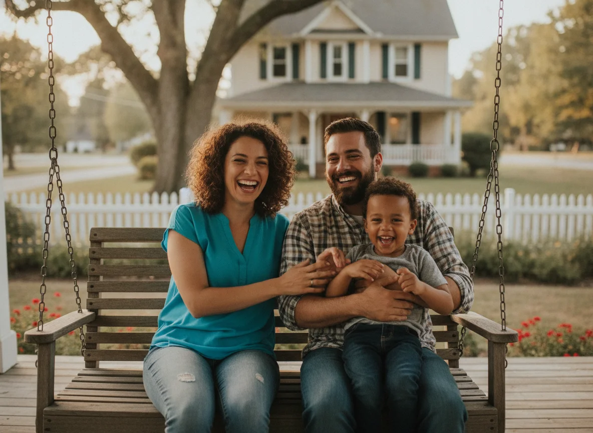 A family laughing together on their porch