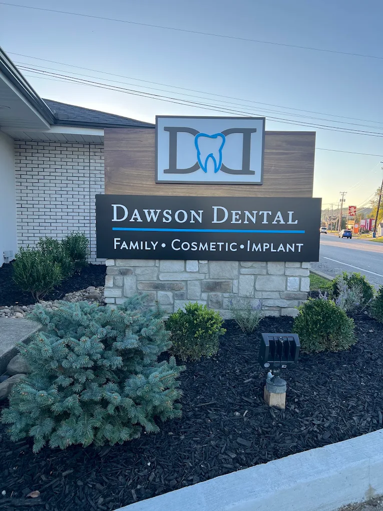 Dawson Dental exterior sign surrounded by landscaping