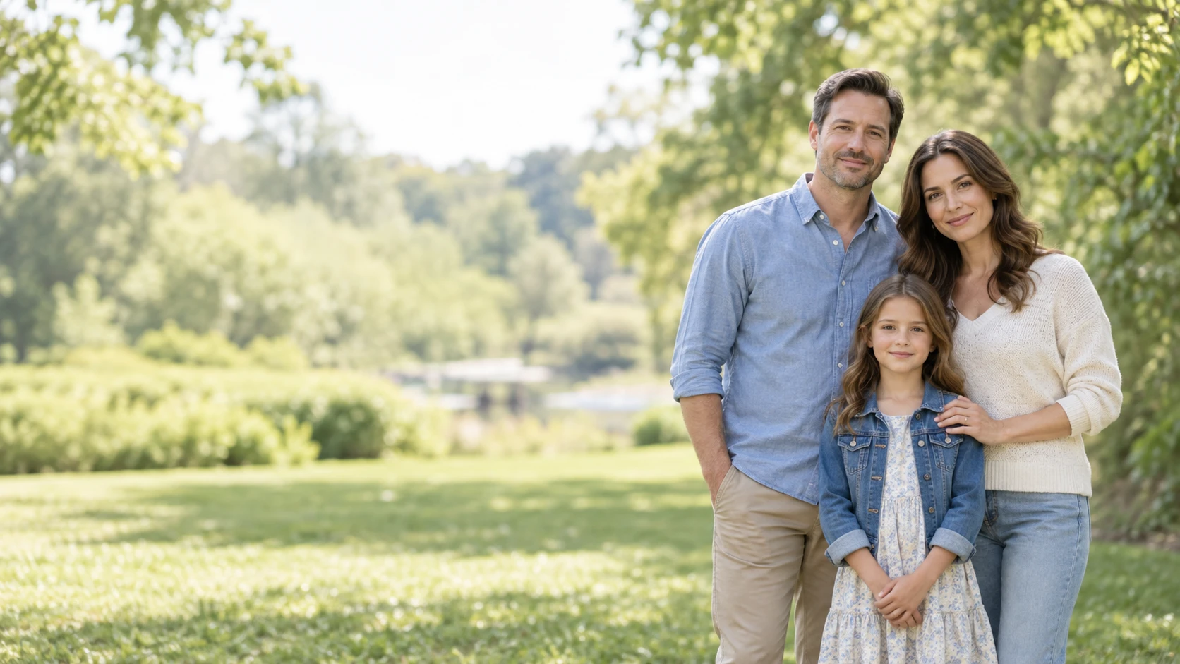 Two parents and their child smiling at the camera in a leafy park