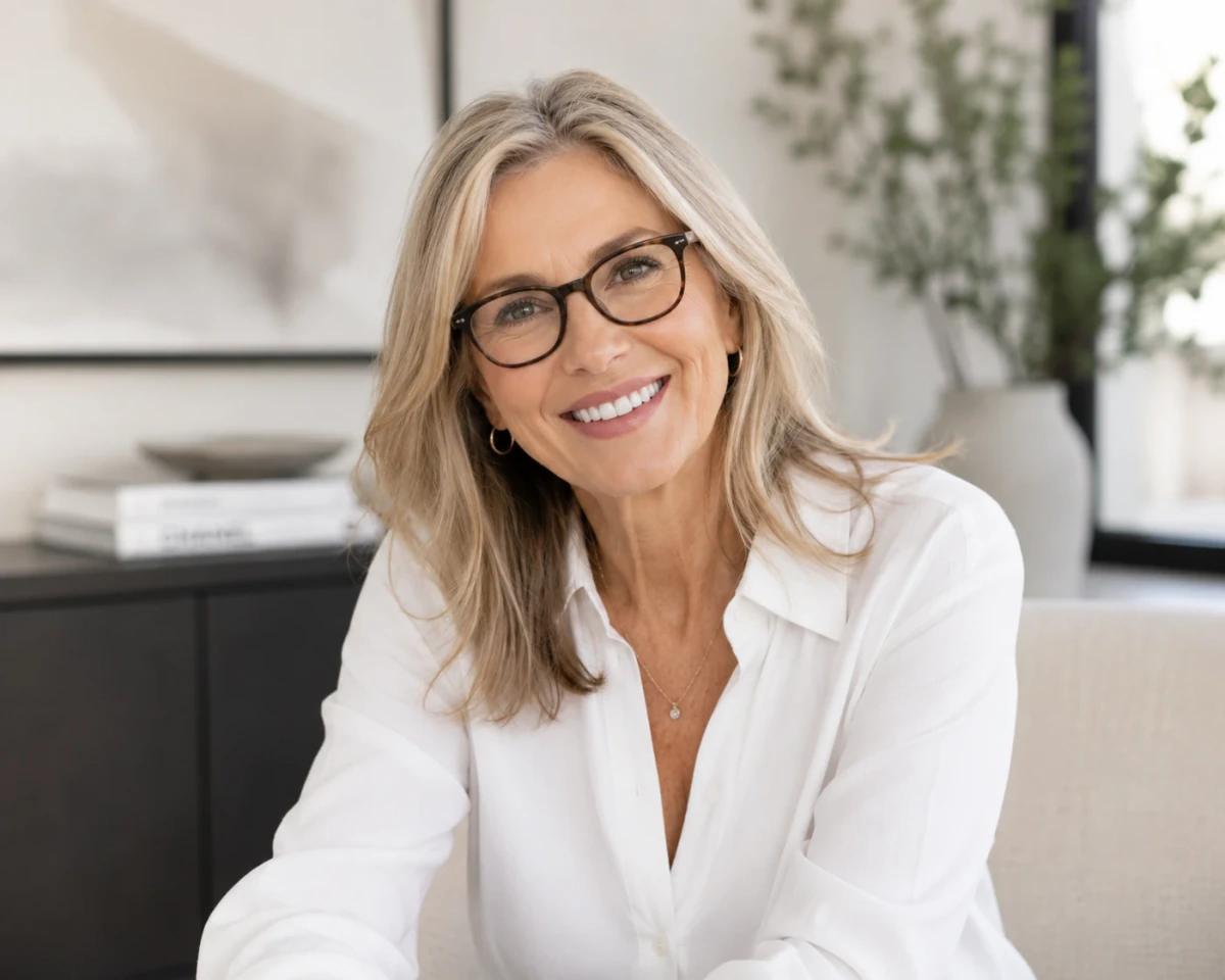 A smiling woman with glasses and a white blouse