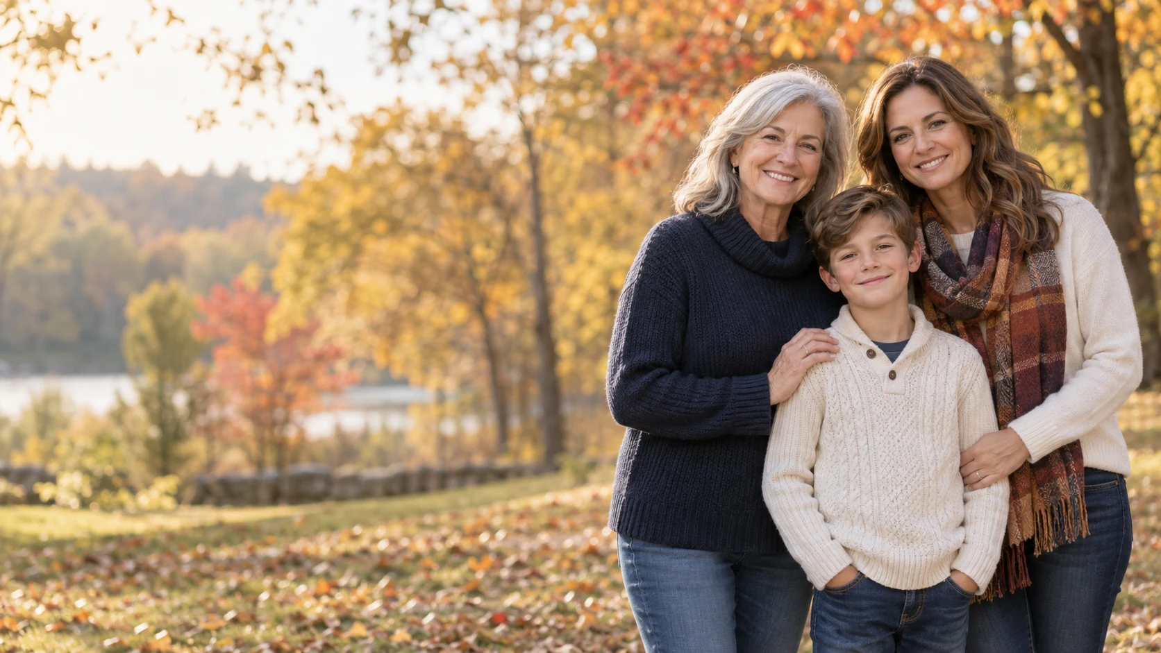 A smiling grandmother, mother, and son standing together among golden autumn trees