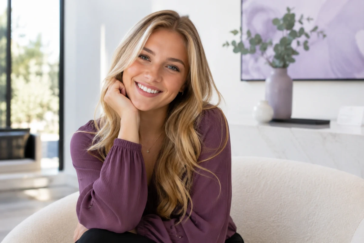 A smiling blonde woman in a purple blouse relaxing at home