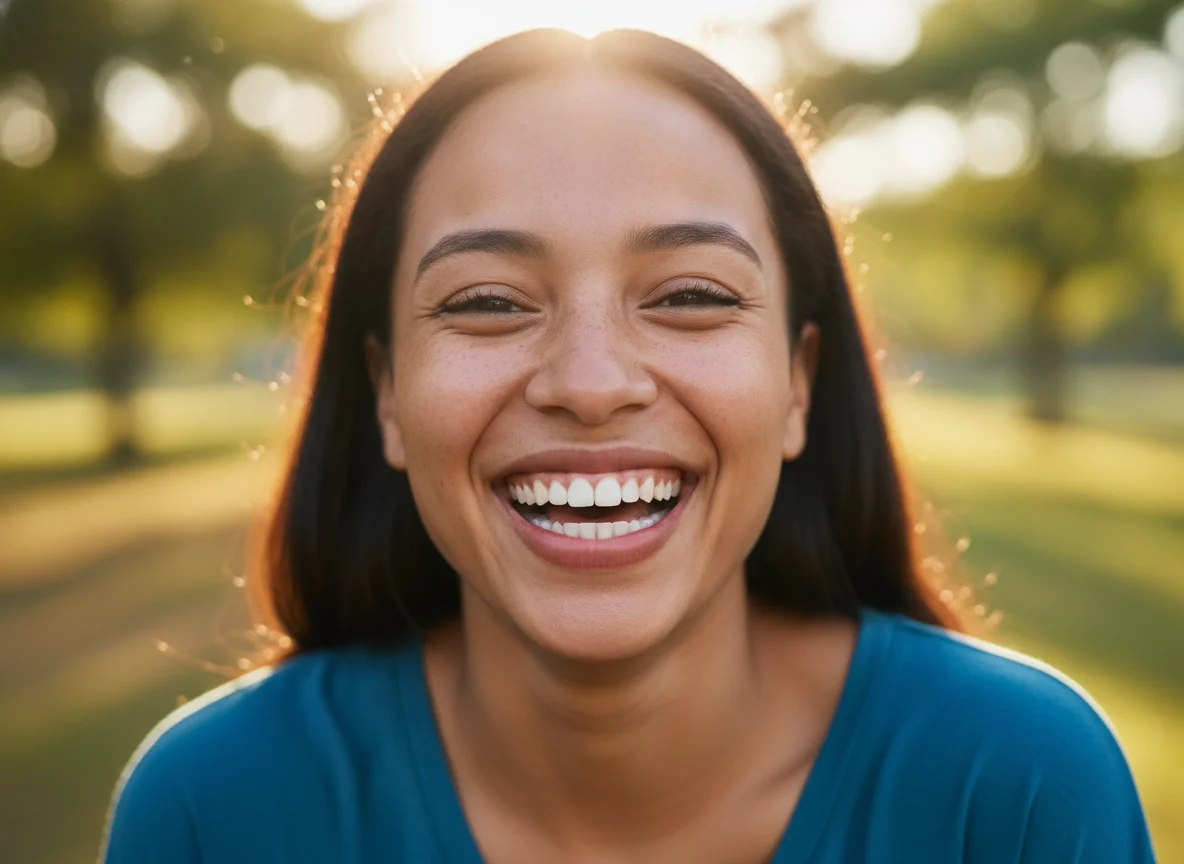 A young woman laughing with a bright, natural smile outdoors