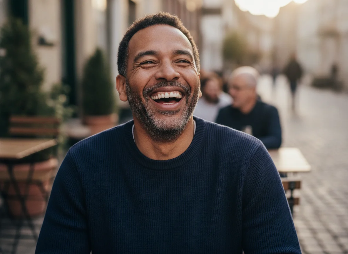 A middle-aged man laughing at an outdoor café table
