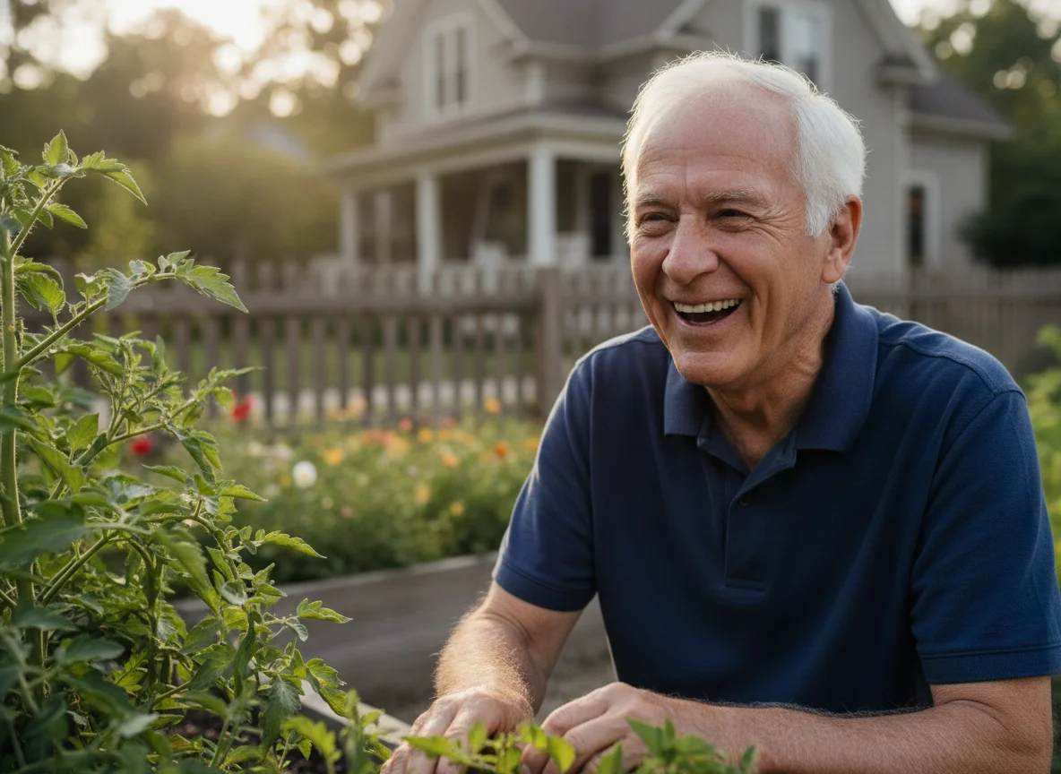 An active senior man smiling while gardening at home