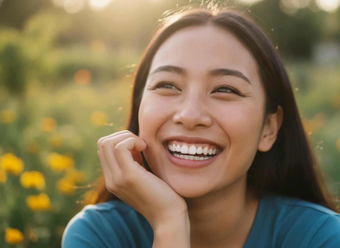 A young woman with a bright, dazzling smile outdoors